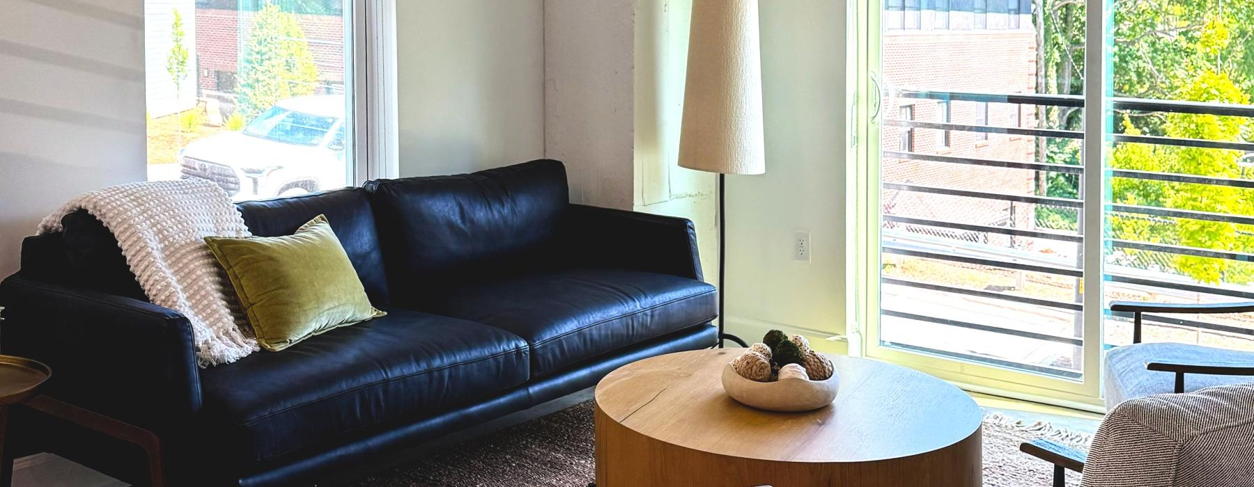 a living room with a couch and a coffee table