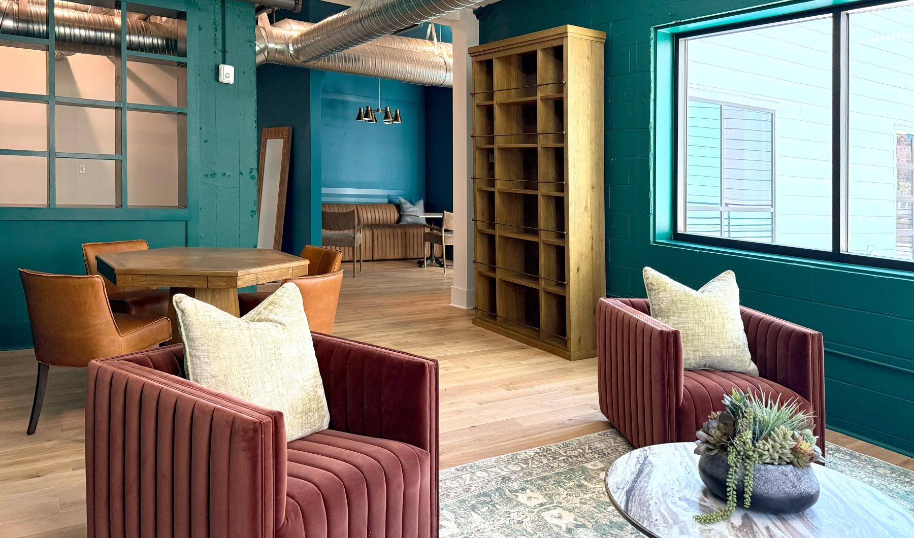 a room with chairs and tables