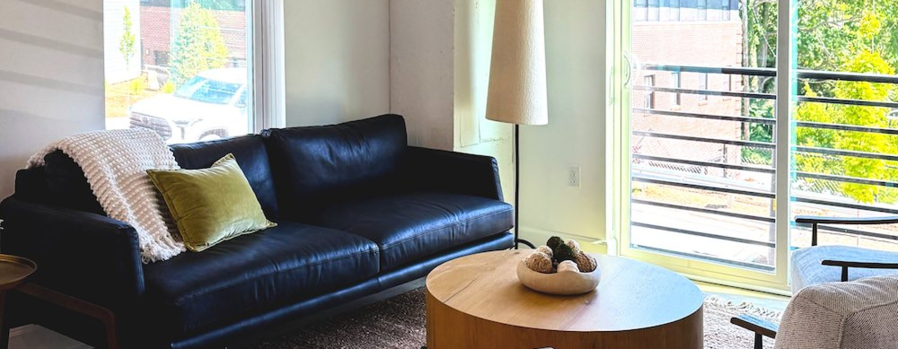a living room with a couch and a coffee table