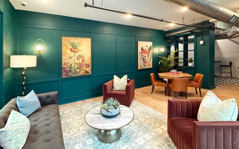 a room with chairs and tables