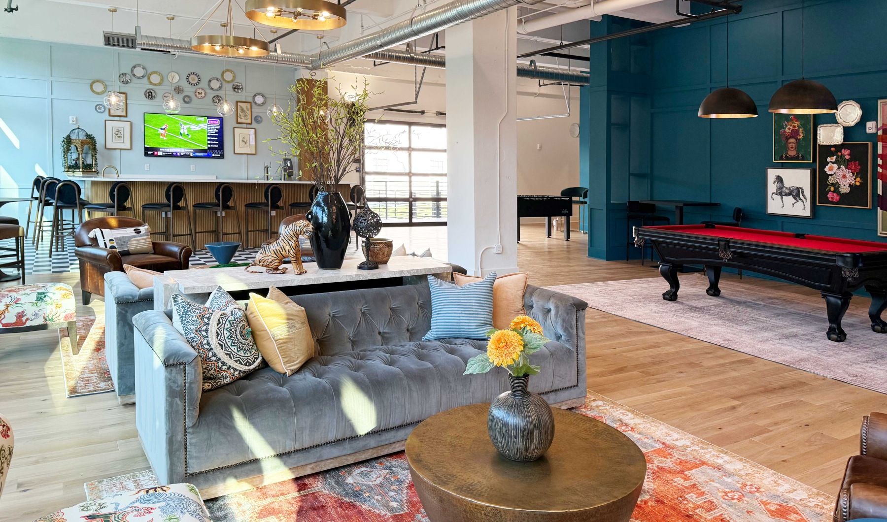 Social Gathering Space at The Duke with Bar, Billiards, Foosball, and Seating Area