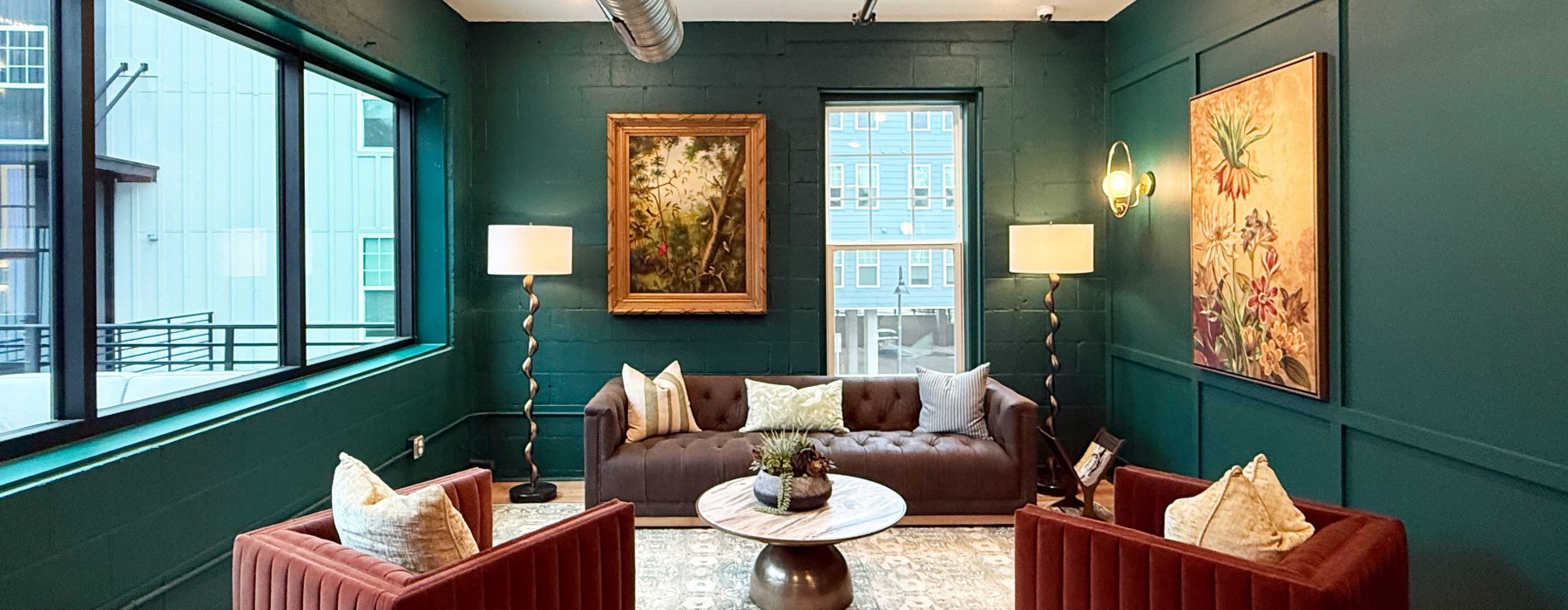 a room with chairs and tables