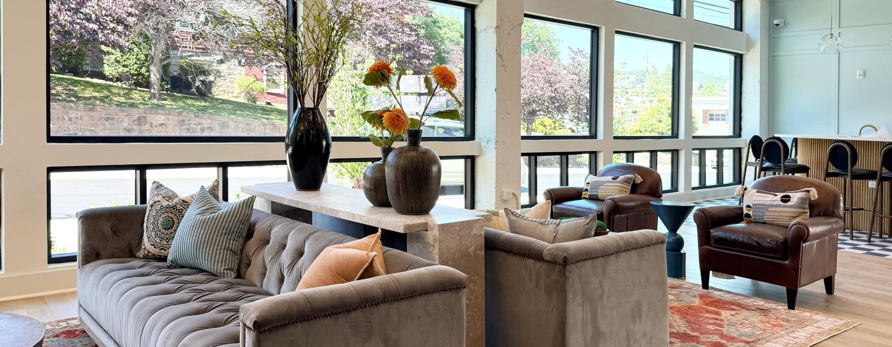 a spacious room with a large windows
